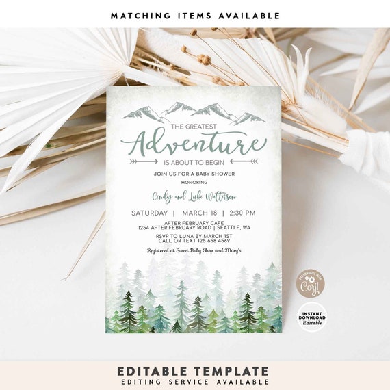 EDITABLE Sage Green Adventure Baby Shower Invitation Boy Mountain Outdoor Baby Brunch Luncheon Invites Template Instant Download 540V1 (1)