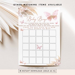 Boho Blush Mauve Pink Pampas Grass Boho Butterfly Baby Bingo Gioco Baby Shower Giochi Digitale stampabile Download immediato 08V3