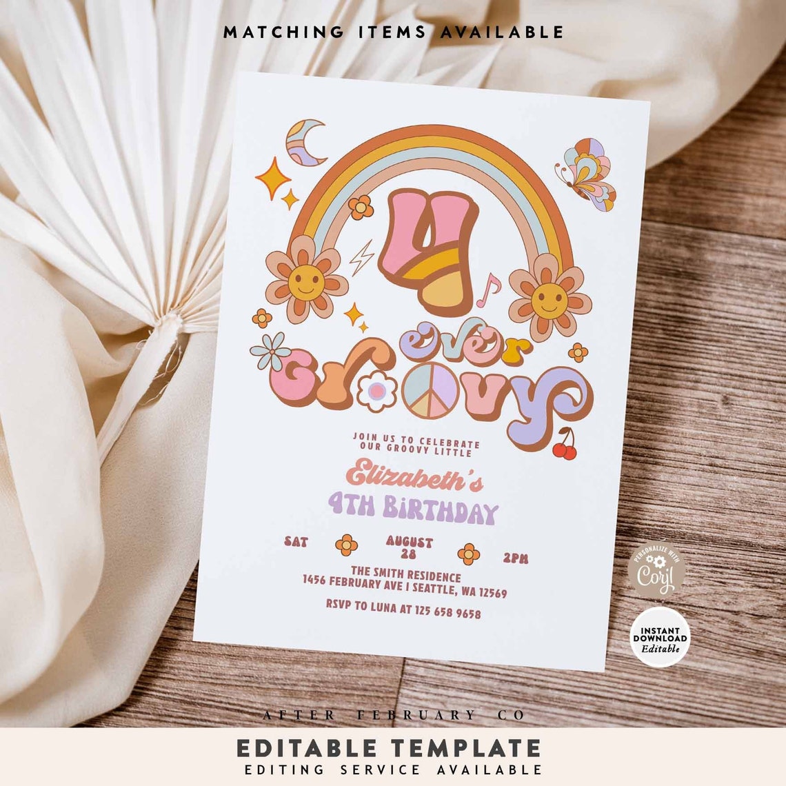 Editable FOUR Ever Groovy Birthday Invite Daisy Rainbow Hippie 4th ...