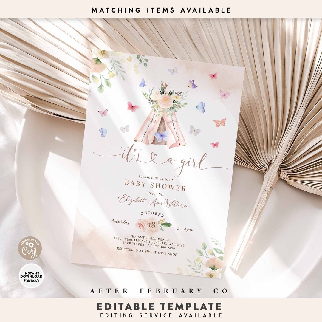 Editable Boho Butterfly Teepee Baby Shower Invitation Flower Baby ...