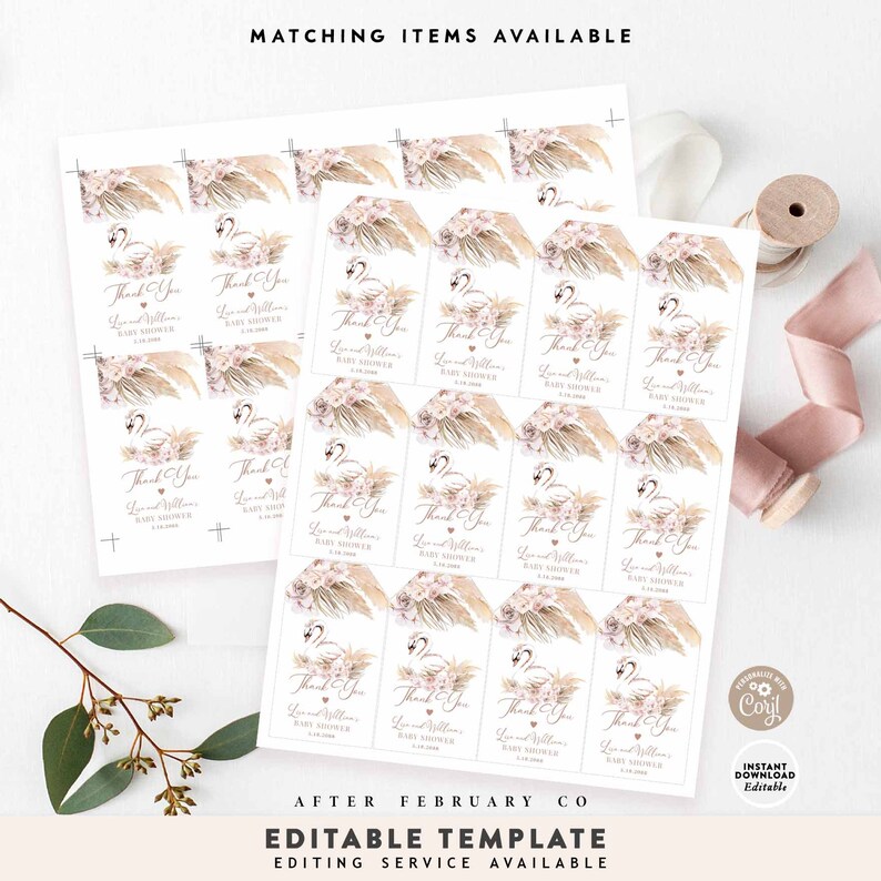 EDITABLE Pampas Grass Pink Boho Swan Thank You Favor Gift Tags - Etsy