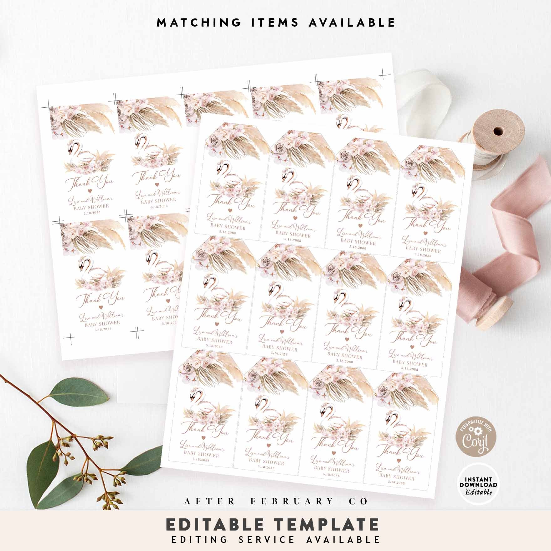 EDITABLE Pampas Grass Pink Boho Swan Thank You Favor Gift Tags Tag ...