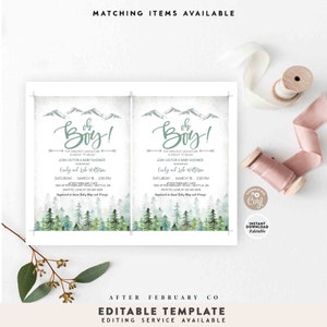 May include: Two printable baby shower invitations with a mountain and forest theme. The invitations are white with green and gray watercolor illustrations. The text on the invitations reads "Oh Boy!" and includes the details of the baby shower, including the date, time, and location.