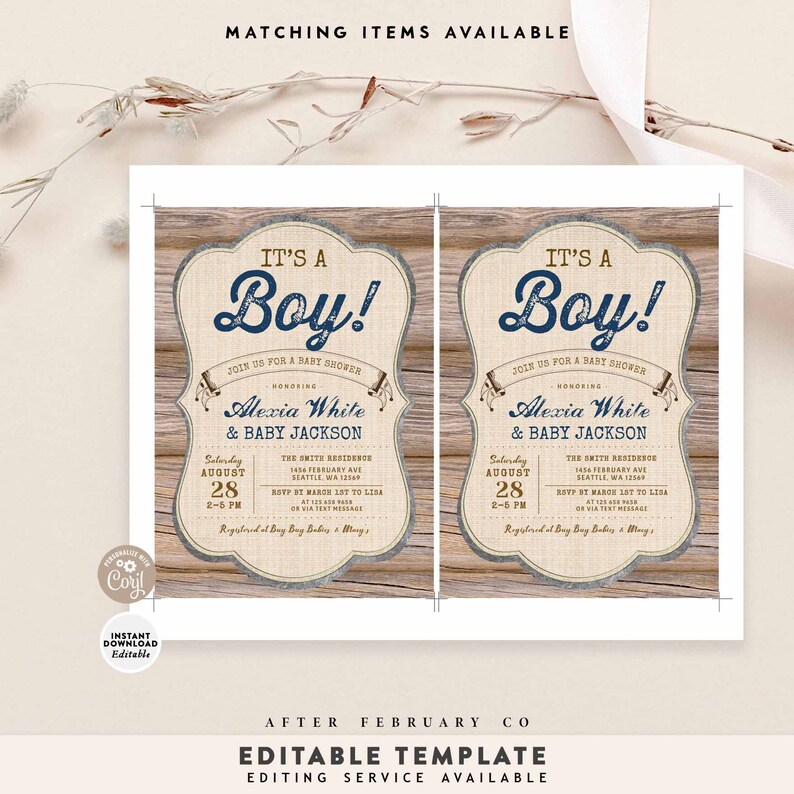 EDITABLE Boy Rustic Baby Shower It's A Boy Wood Forest Cottage Vintage Rustic Boy Baby Shower Invite Template Instant Download 709V1 image 4