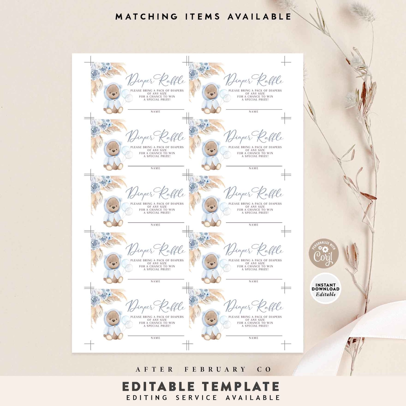 EDITABLE Boho Teddy Bear Diaper Raffle Ticket Printable Pampas Grass ...