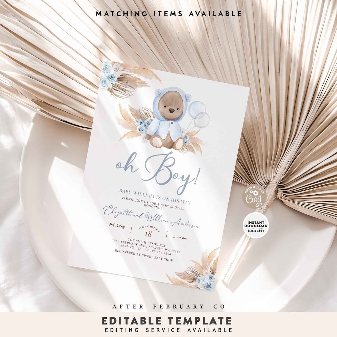 EDITABLE Blue Pampas Grass Boy Blue Boho Bear Baby Shower Invitation ...