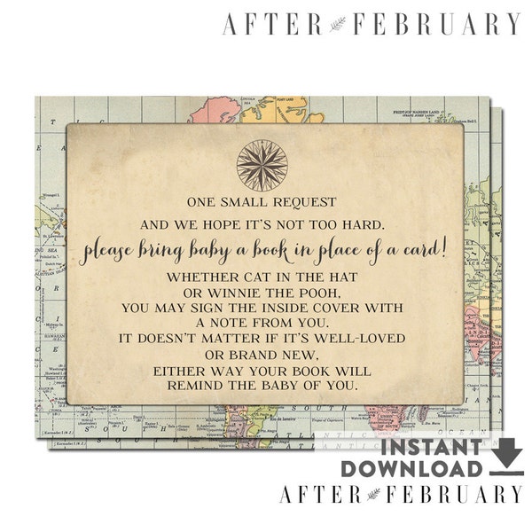 Bring a Book Instead of Card Book Request Insert Adventure Travel Compass Baby Shower Vintage Baby Shower // Printable No.1269