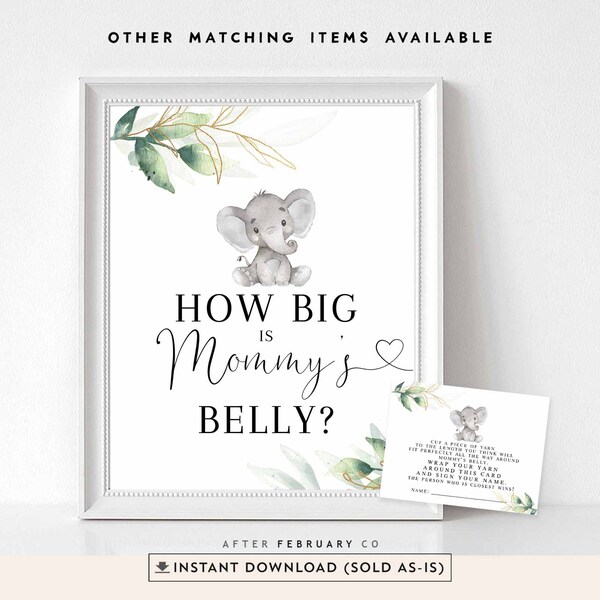 Greenery Gold Gender Neutral Elephant Guess How Big Is Mommy's Belly Game Little Peanut Baby Shower Games Printable Instant Download 1302V1