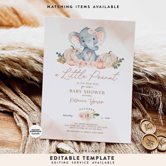 EDITABLE Blush Pink Pumpkin Elephant Fall Baby Shower Invitation Little Peanut  Baby Shower Invite Printable Instant Download 81V1 (1)