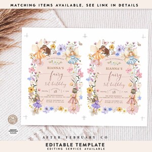 Pode incluir: Um convite imprim&iacute;vel rosa e branco com uma borda floral e uma ilustra&ccedil;&atilde;o de fada. O texto diz "Junte-se a n&oacute;s para celebrar o 1&ordm; anivers&aacute;rio de Rianna. S&aacute;bado, 18 de novembro, das 14h &agrave;s 16h. The Smith Residence, 1436 February Ave, Seattle, WA 12569. RSVP at&eacute; 1 de novembro para [n&uacute;mero de telefone]"
