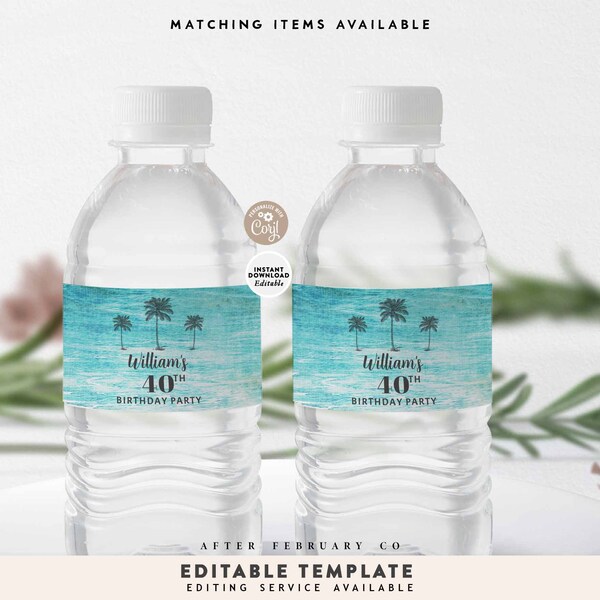 EDITABLE Birthday Men Women Water Bottle Labels Plum Tree Caribbean Ocean Tropical Beach Summer Printable Template Instant Download 180V1