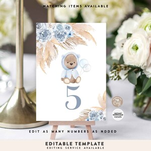 May include: Blue and brown teddy bear wearing a blue hooded sweater holding balloons, with a blue number 5, surrounded by blue and beige flowers and pampas grass.  Editable Template.  Instant Download.  Editable.