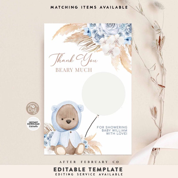 EDITABLE Blue Pampas Grass Boho Teddy Bear EOS Lip Balm Tag Thank You Beary Much EOS Lip Balm Tag Printable Template Instant Download 400V1