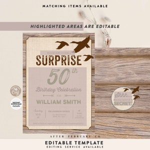 Puede incluir: Una invitaci&oacute;n a una fiesta de cumplea&ntilde;os r&uacute;stica para un 50 cumplea&ntilde;os con un fondo de madera marr&oacute;n y una tarjeta de invitaci&oacute;n beige con una silueta de patos y el texto "Sorpresa 50 cumplea&ntilde;os para William Smith".