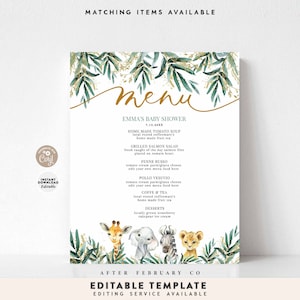 Menu per baby shower con tema safari nella giungla africana, modificabile, con granelli di zucchero, per festa di compleanno, 8x10" Modello stampabile per menu per ragazze boho, download immediato 197