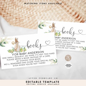 Puede incluir: Dos tarjetas imprimibles con una linda ilustración de un conejito y follaje verde. El texto en las tarjetas dice "libros" y "Para Baby Anderson, una pequeña solicitud, esperamos que no sea demasiado difícil, por favor traiga un libro en lugar de una tarjeta. Al firmar su libro, lo recordaremos y compartiremos su regalo especial, incluso cuando no esté allí!" y "Baby Anderson, est. esperamos que no sea demasiado difícil, un libro en lugar de una tarjeta. Firmando su libro, y comparta su regalo especial, cuando no esté allí!"