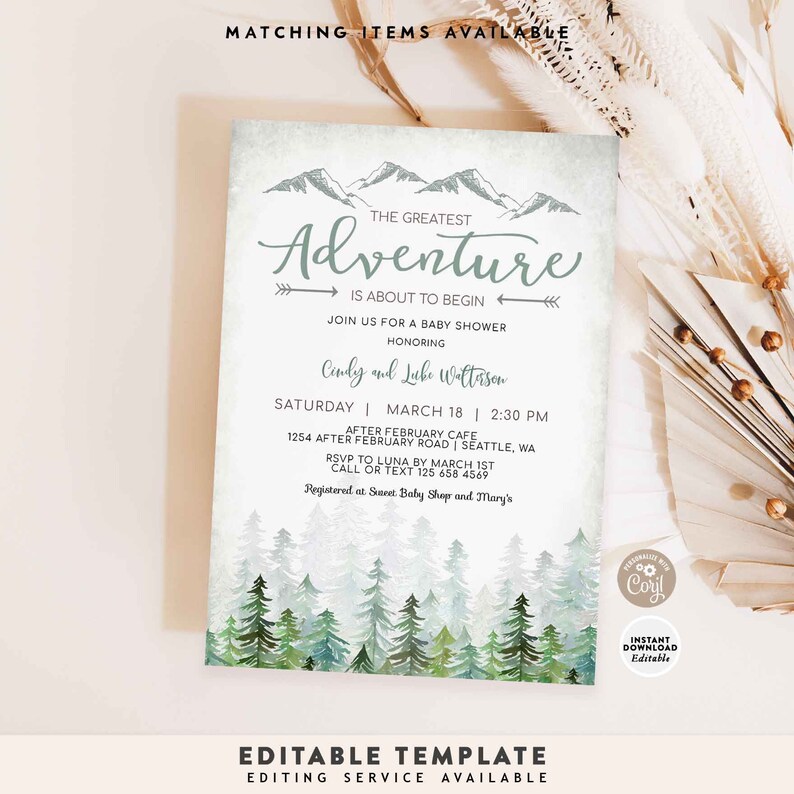 Może przedstawiać: Zaproszenie na baby shower z akwarelową ilustracją pasma g&oacute;rskiego i sosen. Tekst brzmi "The Greatest Adventure is About to Begin" i zawiera datę, godzinę i miejsce wydarzenia. Zaproszenie jest dla Cindy i Luke Wattersen.