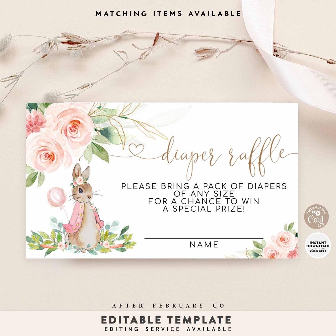 Peter Rabbit Diaper Raffle EDITABLE Flopsy Pink Peter Rabbit Diaper Raffle Ticket Insert Girl ...
