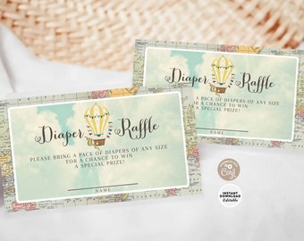 EDITABLE Greenery Vintage Hot Air Balloon Diaper Raffle Ticket Printable Traveling Baby Shower Insert Template Instant Download 1253V1