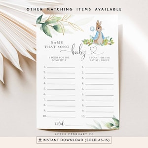 Blue Greenery Gold Peter Rabbit Baby Shower Name Baby Song Game Card Baby Shower Games Digital Printable Instant Download 1304V1