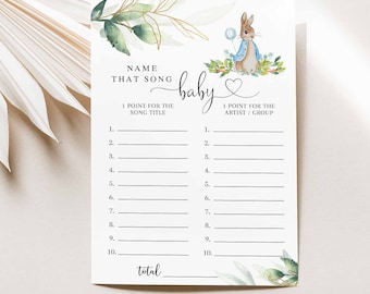 Tarjeta de juego con canción para baby shower de Peter Rabbit, color azul, verde y dorado, juegos para baby shower, imprimible digitalmente, descarga instantánea 1304V1