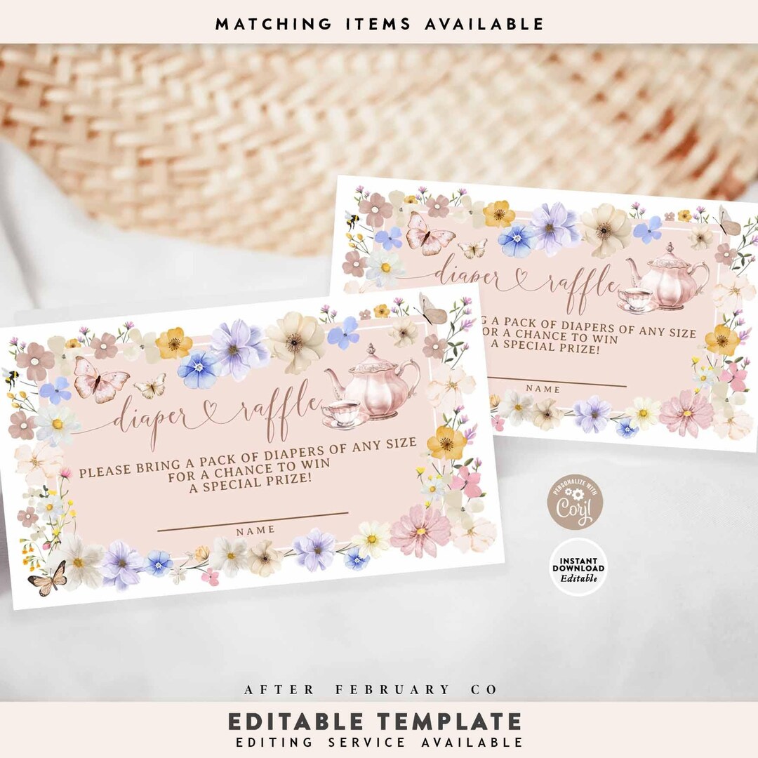 Editable Wildflower Tea Party Diaper Raffle Ticket: Baby Shower Insert Editable Wildflower Tea Party Diaper Raffle Ticket: Baby Shower Insert