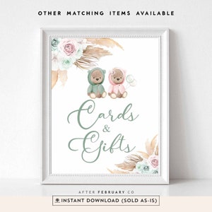 Twin Boy Girl Pink Sage Green Pampas Grass Boho Teddy Bear Cartes et cadeaux de douche de bébé Sign Decor Digital imprimable Téléchargement instantané 400T1