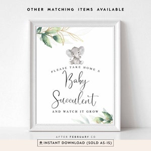 Greenery Gold Género Neutral Elefante Bebé Suculento Signo Cacahuete Elefante Bebé Ducha Decoración Decoración Imprimible Descarga Instantánea 1302V1
