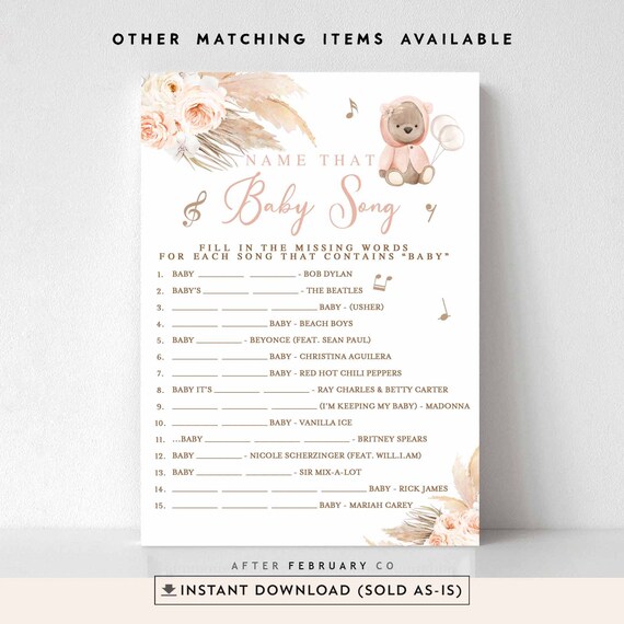 Pampas Grass Peach Boho Teddy Bear Name That Baby Song Game Card.