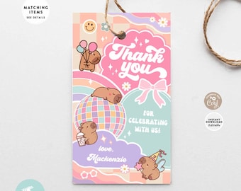 Capybara Groovy Rainbow Disco Party Favor Tags: Girly Coquette Birthday Thank You Tags Printable Template 649K1