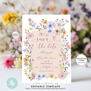 May include: A floral "save the date" card with a blush pink background. The card features a floral border with butterflies and the text "save the date" in elegant script. The card is for Elizabeth Anne's 16th birthday.