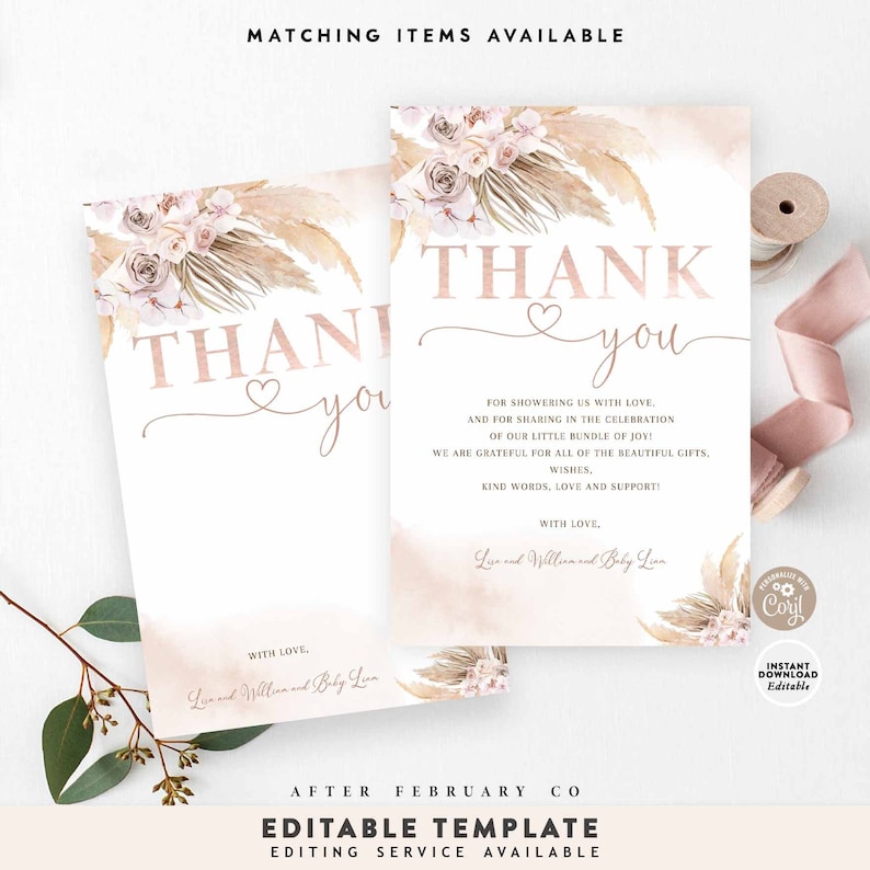 Editable Thank You Flat Card Pink Pampas Grass Boho Girl Baby Shower ...