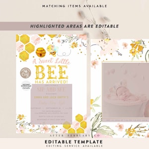Editable Bumble Bee Baby Meet and Greet Girl Blush Pink Floral Yellow ...