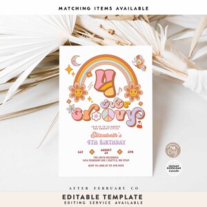 Editable FOUR Ever Groovy Birthday Invite Daisy Rainbow Hippie 4th ...