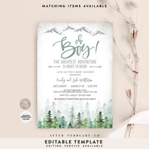 May include: A baby shower invitation with a watercolor mountain and forest design. The invitation says "Oh Boy! The Greatest Adventure is About to Begin." It includes the names "Candy and Luke Woltason" and the date "Saturday, March 18, 2:30 PM".
