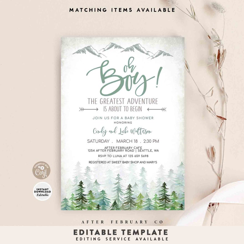May include: A baby shower invitation with a watercolor mountain and forest design. The invitation says "Oh Boy! The Greatest Adventure is About to Begin." It includes the names "Candy and Luke Woltason" and the date "Saturday, March 18, 2:30 PM".