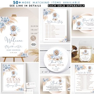 K&ouml;nnte beinhalten: Ein Set druckbarer Babyparty-Dekorationen mit einem blauen und braunen Teddyb&auml;r mit einem blauen Ballon. Die Dekorationen beinhalten ein Willkommens-Schild, ein Dankesch&ouml;n-Schild, ein Windel-Tombola-Schild, ein Ratespiel mit Gummib&auml;rchen, eine Karte mit W&uuml;nschen f&uuml;r das Baby und ein &bdquo;W&uuml;rde sie eher&ldquo;-Spiel. Die Dekorationen sind im Aquarell-Stil mit blauen und braunen Farben gestaltet.