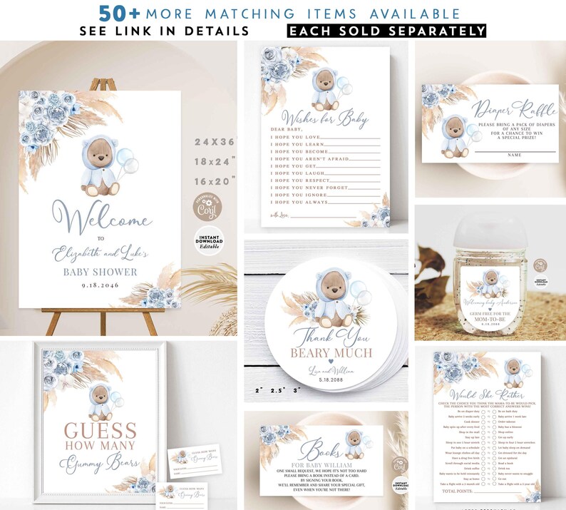 K&ouml;nnte beinhalten: Ein Set druckbarer Babyparty-Dekorationen mit einem blauen und braunen Teddyb&auml;r mit einem blauen Ballon. Die Dekorationen beinhalten ein Willkommens-Schild, ein Dankesch&ouml;n-Schild, ein Windel-Tombola-Schild, ein Ratespiel mit Gummib&auml;rchen, eine Karte mit W&uuml;nschen f&uuml;r das Baby und ein &bdquo;W&uuml;rde sie eher&ldquo;-Spiel. Die Dekorationen sind im Aquarell-Stil mit blauen und braunen Farben gestaltet.