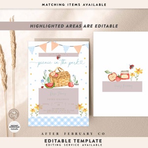 Peut inclure: Mod&egrave;le &eacute;ditable pour une invitation &agrave; un anniversaire de pique-nique dans le parc. L'invitation pr&eacute;sente une illustration aquarelle d'un panier de pique-nique avec des fruits, une past&egrave;que et une coccinelle. Le texte "picnic in the park" est &eacute;crit en cursive. L'invitation est d&eacute;cor&eacute;e de vichy bleu et blanc et de fleurs jaunes.