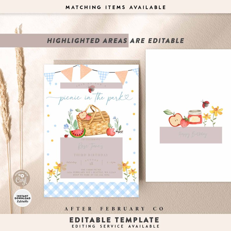 Peut inclure: Mod&egrave;le &eacute;ditable pour une invitation &agrave; un anniversaire de pique-nique dans le parc. L'invitation pr&eacute;sente une illustration aquarelle d'un panier de pique-nique avec des fruits, une past&egrave;que et une coccinelle. Le texte "picnic in the park" est &eacute;crit en cursive. L'invitation est d&eacute;cor&eacute;e de vichy bleu et blanc et de fleurs jaunes.