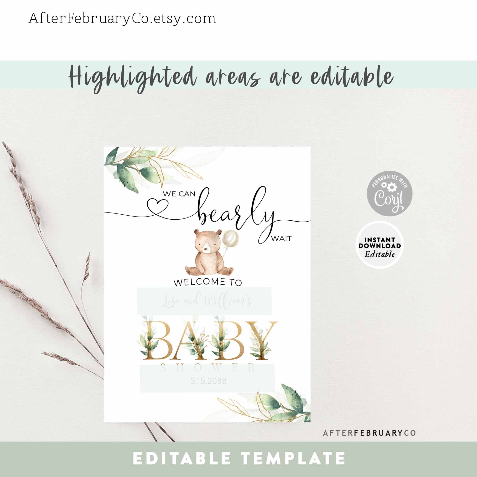 EDITABLE Greenery Gold We Can Bearly Wait Teddy Bear Baby Shower ...