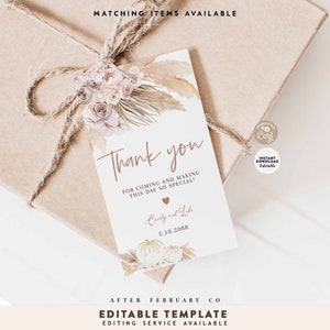 BEWERKBARE Pampas Gras Roze Witte Pompoen Boho Bedankt Gunst Gift Rechthoek Label Sticker Tag Afdrukbare sjabloon Instant Download 225V1