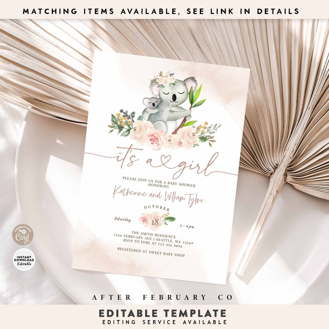 Floral Koala Girl Baby Shower Invitation Invite Template 1516V1 (1) - Etsy