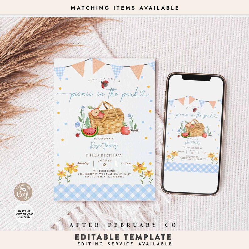 Peut inclure: Une invitation imprimable pour un pique-nique dans le parc. L'invitation repr&eacute;sente un panier de pique-nique avec une past&egrave;que, des pommes et un b&eacute;b&eacute; &agrave; l'int&eacute;rieur. Le texte sur l'invitation indique "Rejoignez-nous pour un pique-nique dans le parc pour c&eacute;l&eacute;brer le troisi&egrave;me anniversaire de Rose Jane".
