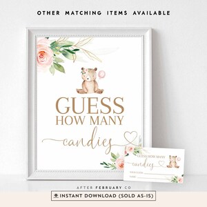 Pink Gold Girl Teddy Bear Guess How Many Candies Game We Can Bearly Wait Teddy Bear Shower Bear Digital Printable INSTANT DOWNLOAD 1305V3