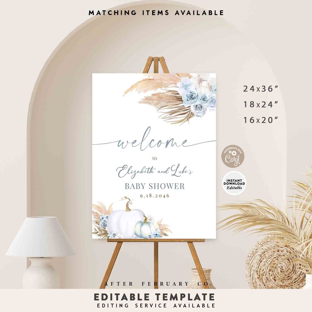 EDITABLE Blue Pampas Grass Boho Fall Pumpkin Baby Shower Welcome Sign ...