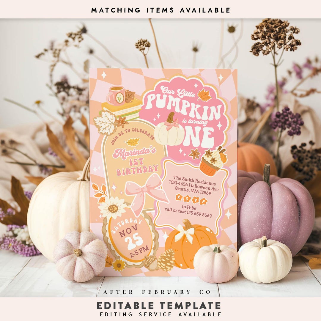 Pink Little Pumpkin is Turning One Fall 1st First Birthday Invitation ...