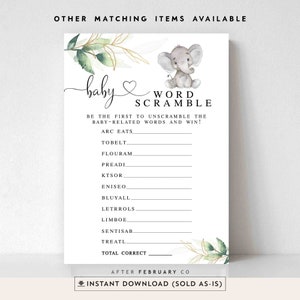 Greenery Gold Gender Neutral Elephant Baby Word Scramble Game Little Peanut Elephant Baby Shower Games Printable Instant Download 1302V1