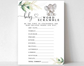 Greenery Gold Gender Neutral Elephant Baby Word Scramble Game Little Peanut Elephant Baby Shower Games Printable Instant Download 1302V1