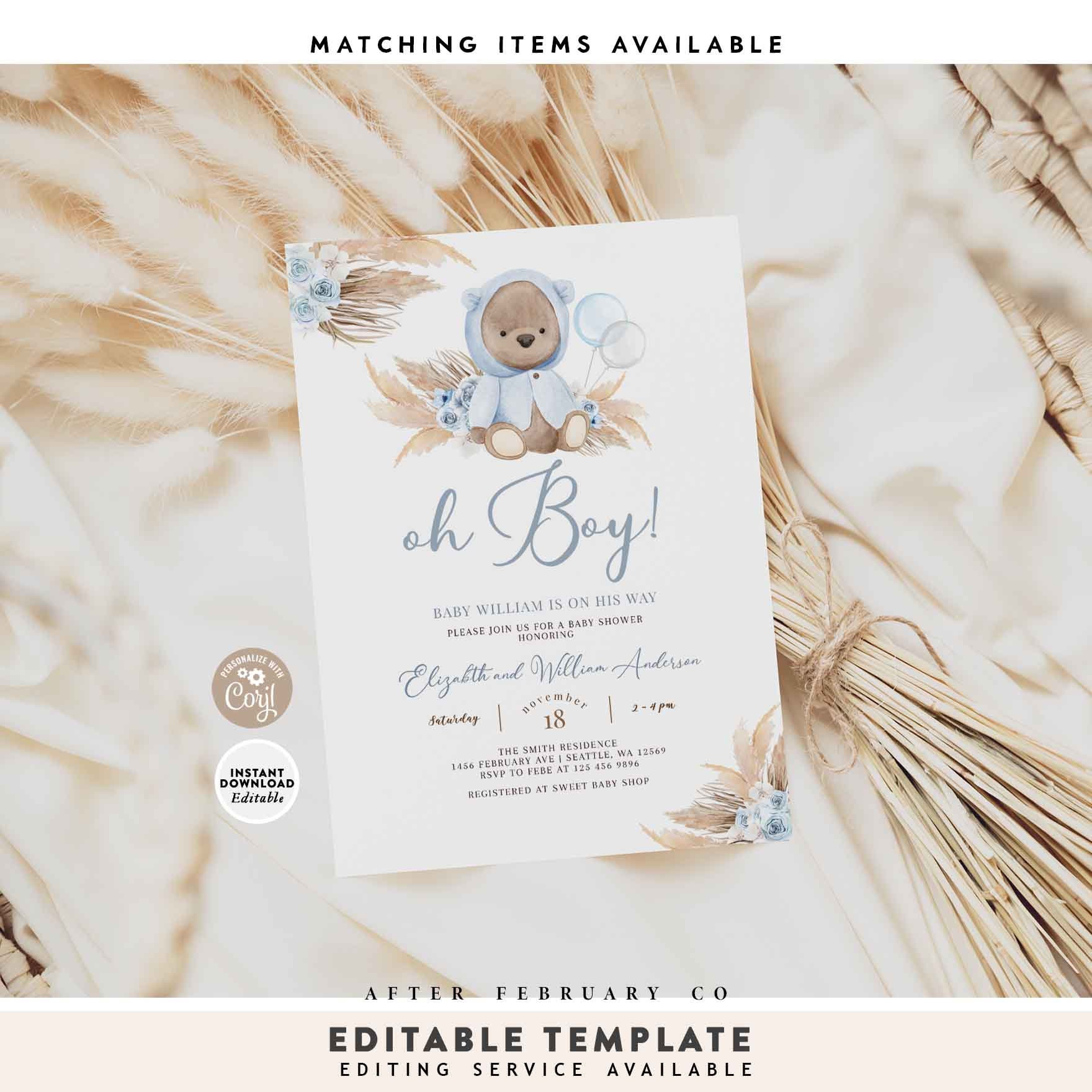 EDITABLE Blue Pampas Grass Boy Blue Boho Bear Baby Shower - Etsy Australia